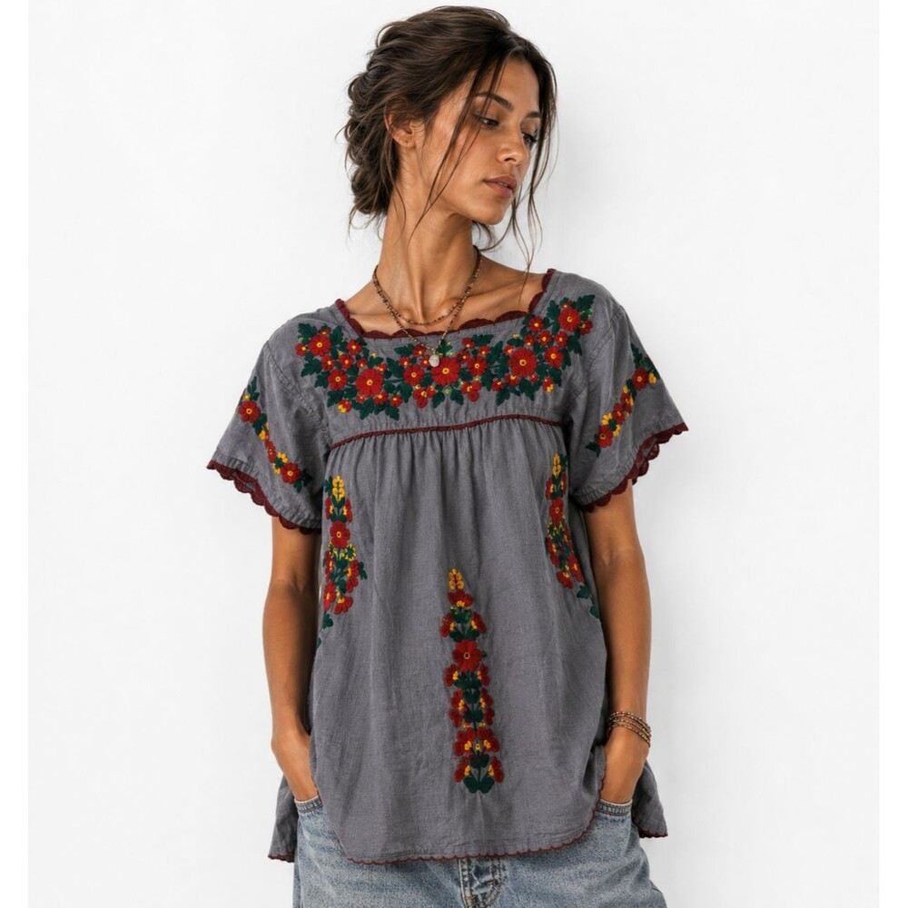 Pim.S Embroidery Gray Cotton Tunic Top Embroidered Colorful Blouse | XS/S